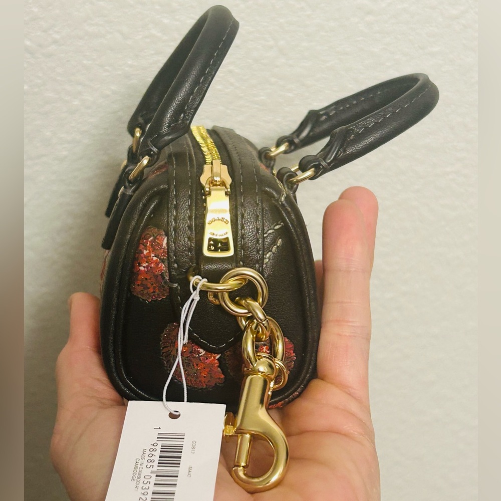 Coach Black Mini Bag Keychain with Red Sparkling Cherry Design - Picture 3 of 5